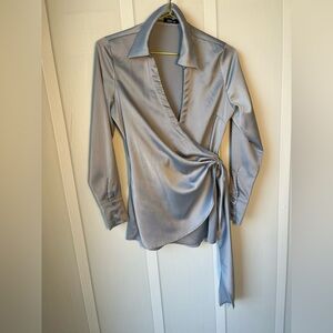 Boohoo Light Blue Satin Wrap Blouse Size Small